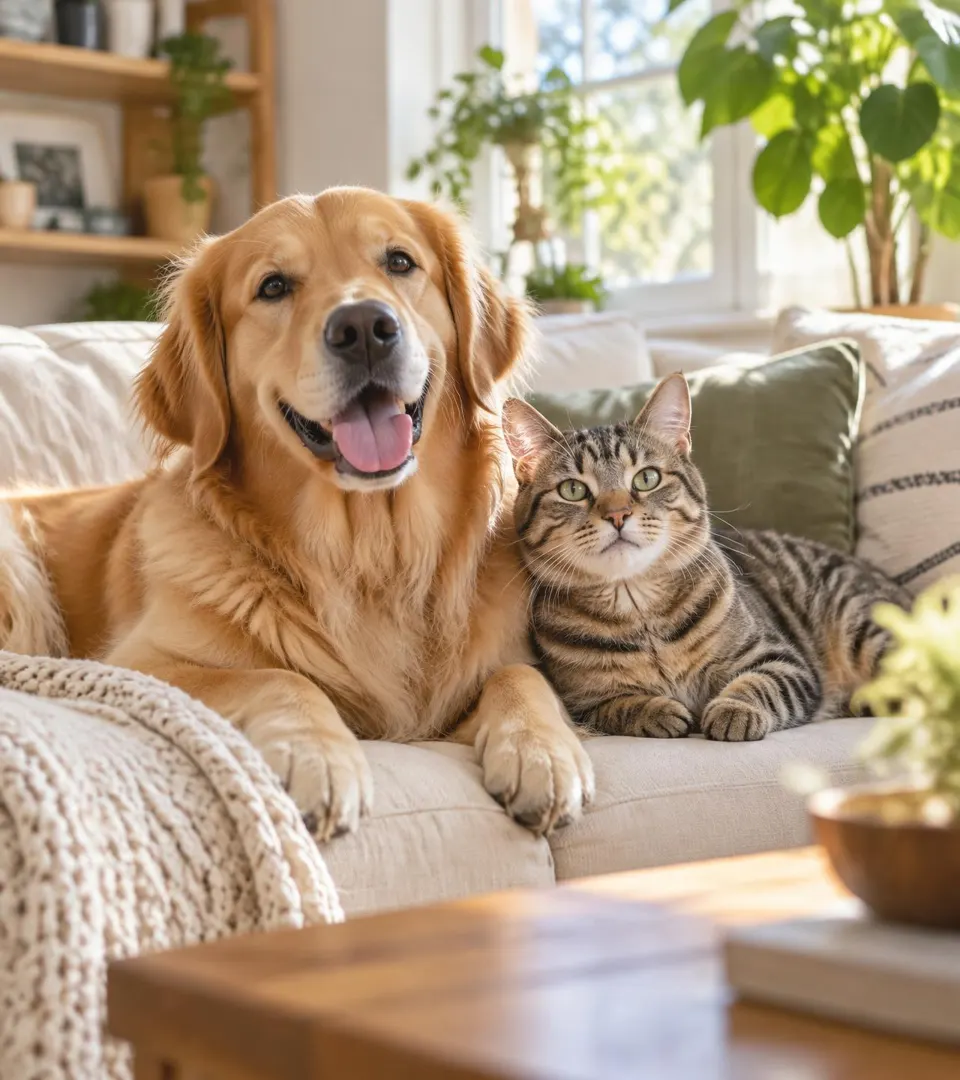 Cachorro golden retriever e gato rajado deitados juntos em um sofá claro